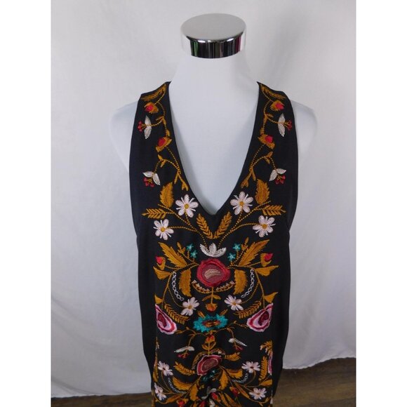 Embroidered Black Boho Dress Sleeveless V Neck Festival M - Picture 2 of 12
